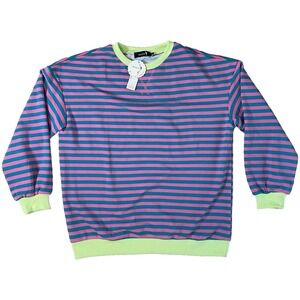 Kissfix S Small  Pink Teal Striped Color Block Crewneck Oversized Sweatshirt